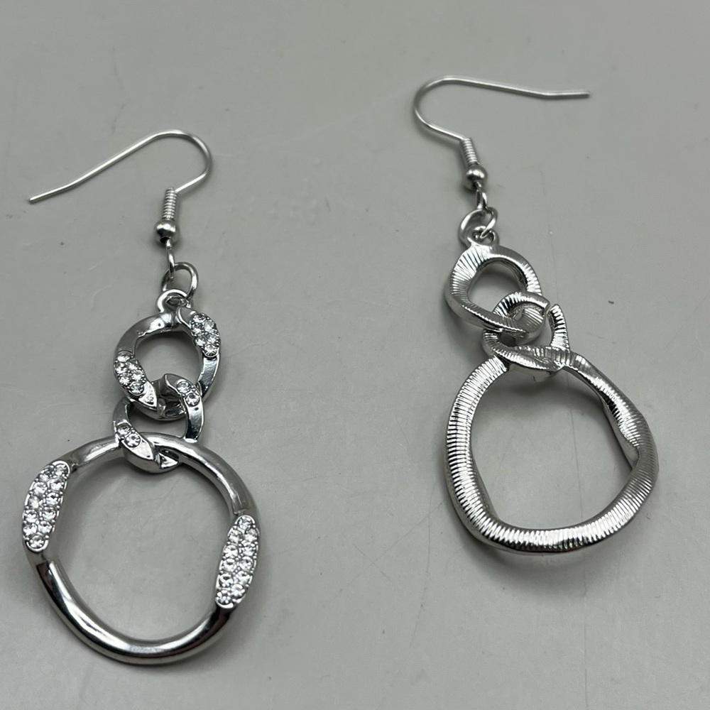Holiday Glitter Double Circle Silver Crystal Dangle Earrings – Festive Gift - Picture 3 of 3